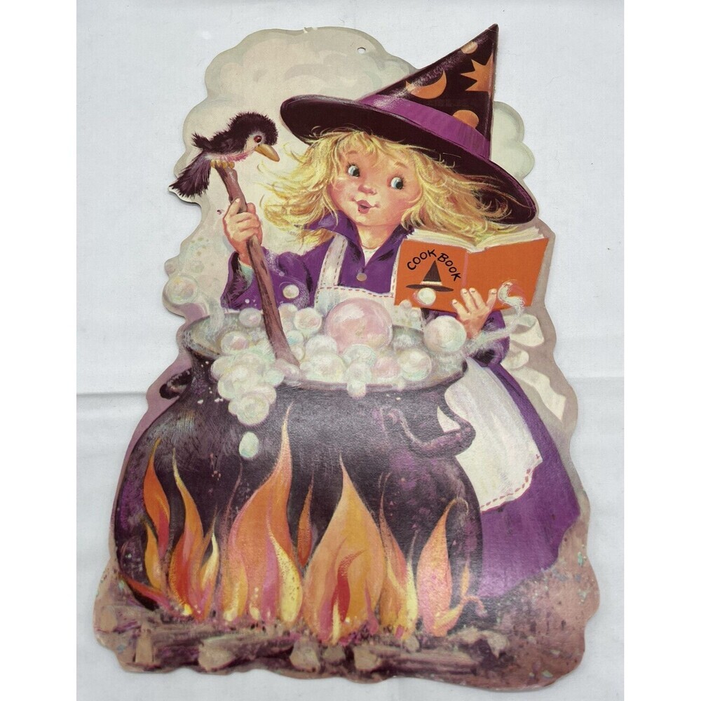 Vintage Halloween Die Cut Decoration Witch Cooking Cookbook Bird Cauldron USA